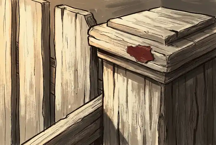 Illustrated close-up of weathered fence pickets and a post cap, with a chip of oxblood paint visible at one edge