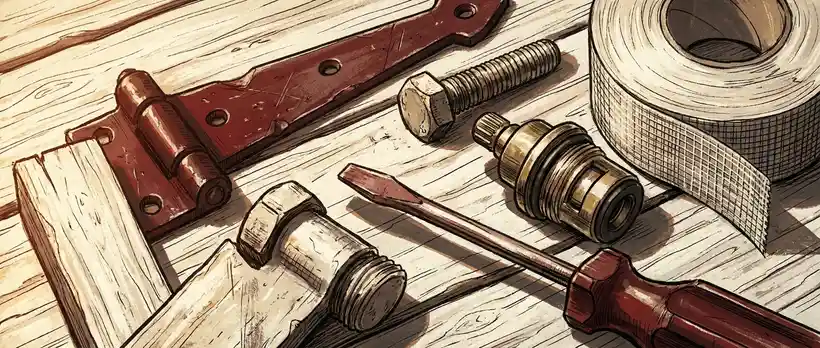 Illustrated flat-lay of a hinge, a hex bolt, a faucet cartridge and drywall tape laid on raw wood grain